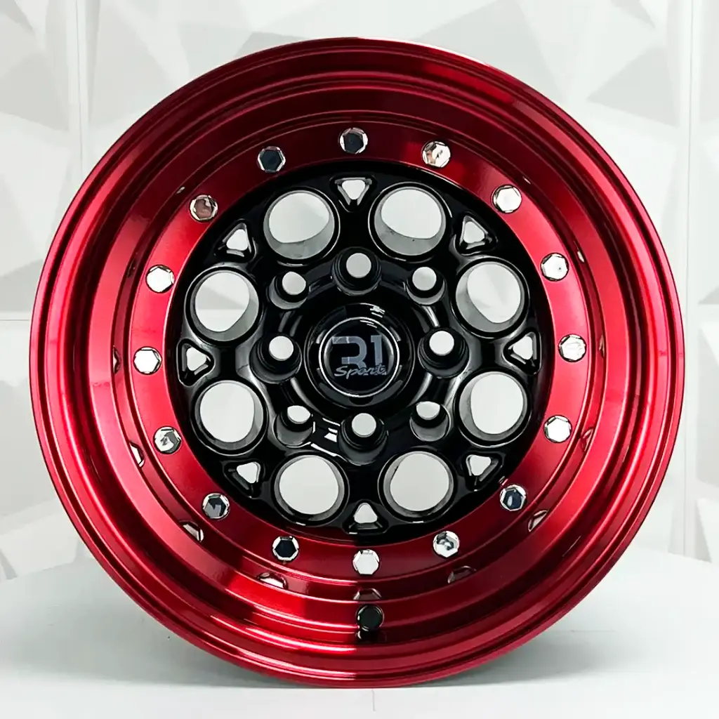 RIN 13X8 4-100/114.3 R1 SPORT 767 BLACK MACHINE LIP+RED CHROME RIVETS ET-10 CB73